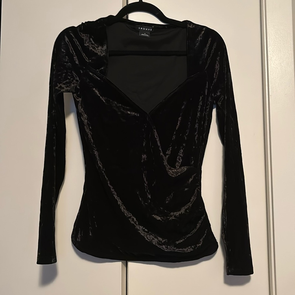 Black crushed velvet faux wrap long sleeve top